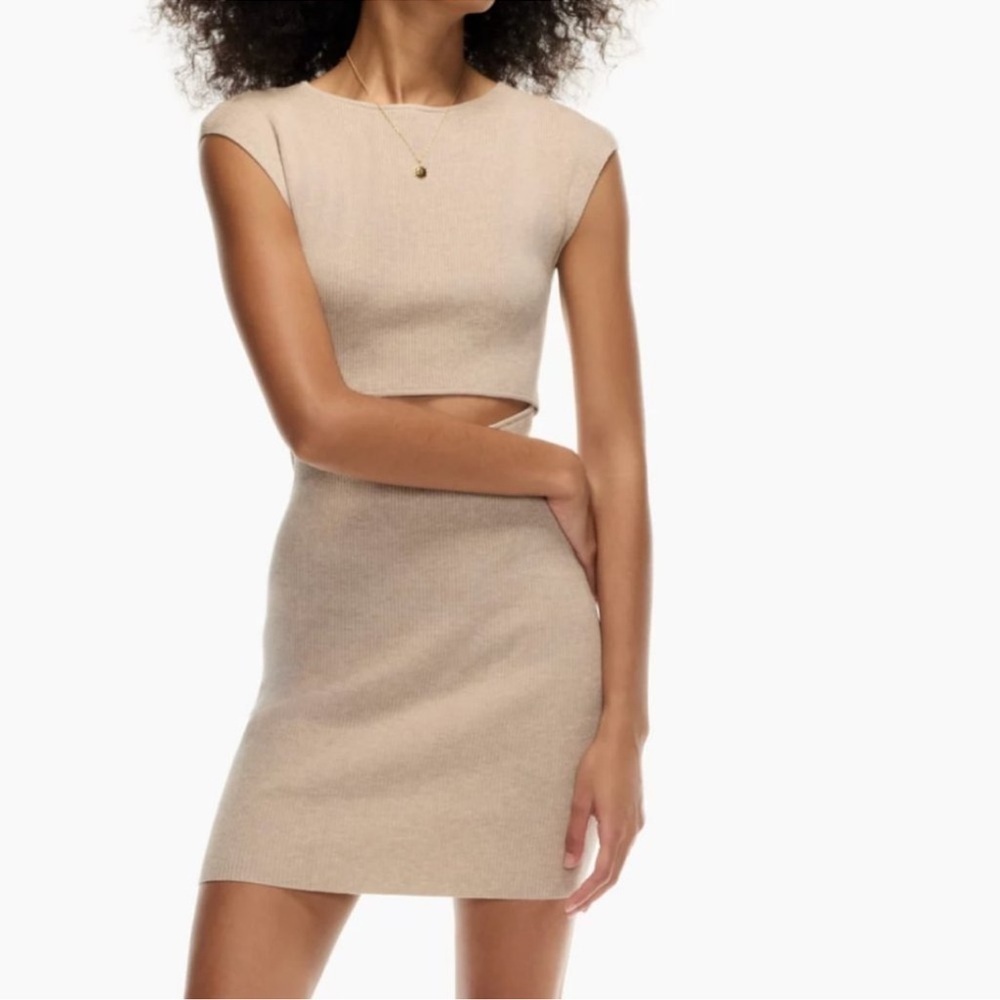 Aritzia Wilfred Free Cut out crewneck knit Mini Dress neutral minimalist small
